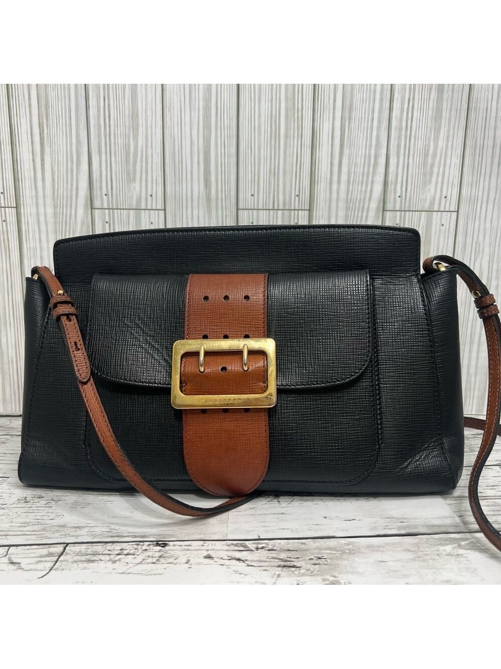 Burberry Vintage Black Leather Crossbody Bag with Brown Buckle Strap Designer - Picture 4 of 10